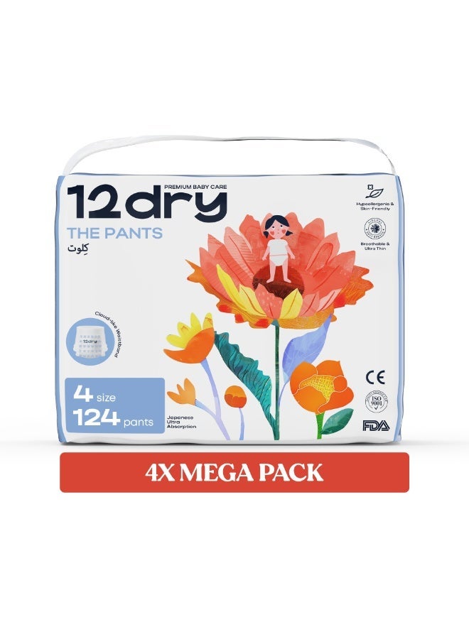 12dry Pants premium baby care Size 4, Pack of 4, 9–14 Kg, 124 Count – Ultra-Absorbent, Thin & Breathable, Eco-Friendly Baby Pants with Soft Elastic Waistband - Image 1